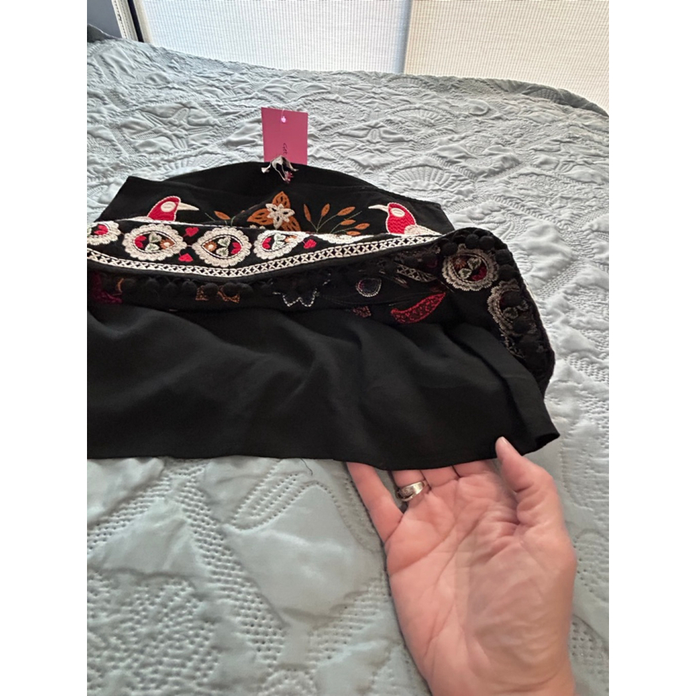 Umgee Black Multicolor Embroidered Mini Skirt Birds Pom Trim Sz L NWT - Picture 11 of 13